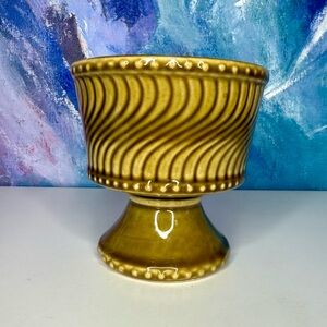 McCoy Ribbed Small Pottery Planter Plant Pot Olive Green Pedestal MCM Vintage